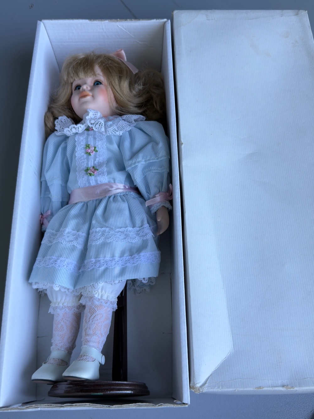 Porcelain Dress-Up Doll in Light Blue with Pink Accents